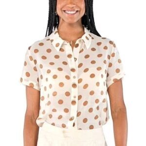 Wmn's Cabi # 6305 Spectator Shirt Button Up Blouse Sheer Cream Brown Polka Dot M